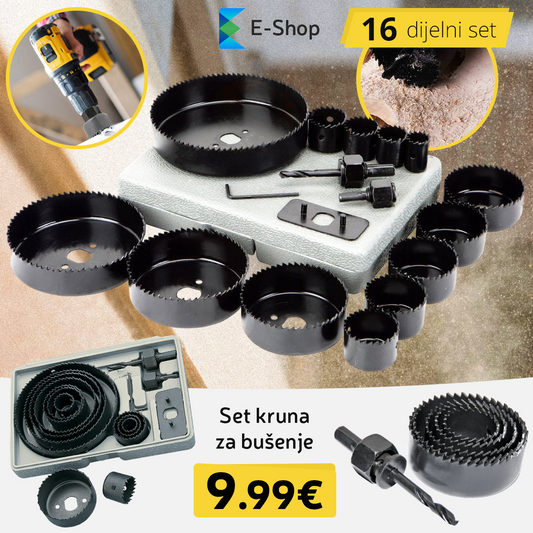 SET COROANĂ 16 PUC. PENTRU GĂURIREA LEMNULUI ȘI A PLASTICULUI