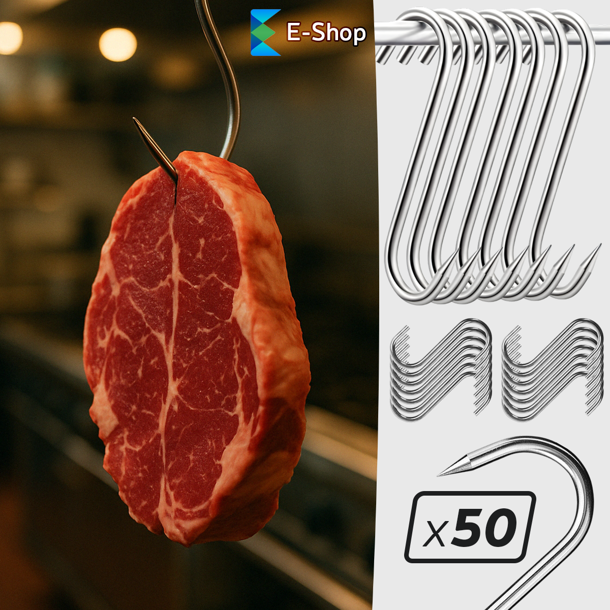 CÂRLIG "S" PENTRU CARNE – SET DE 50 BUCĂȚI